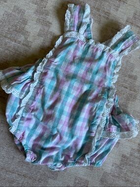 Lil Cactus Ruffled Pastel Plaid Bubble Romper with White Eyelet Trim size 12-18M